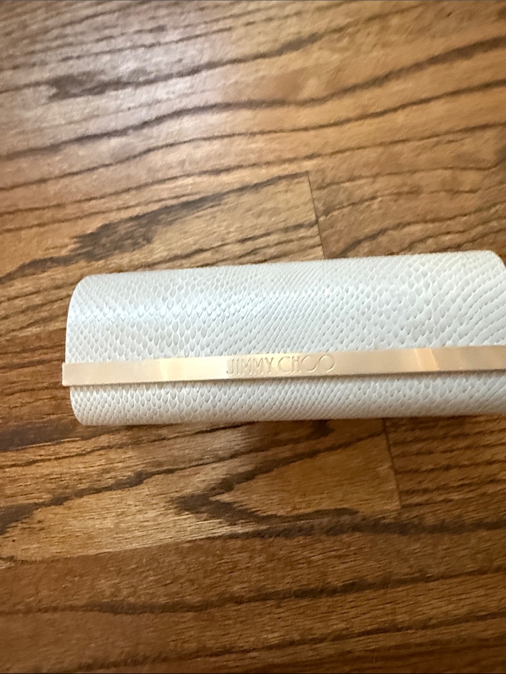 Jimmy Choo Ivory Textured Eyeglass Case with Gold Bar